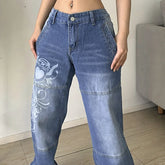Harajuku printed Cargo Jeans Y2K Dark Blue brown High Waist Streetwear 90S Baggy Jeans Pants Straight wide leg jeans